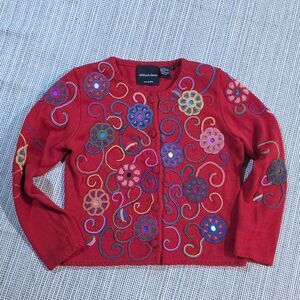 As Is Vintage 90s Michael Simon Cardigan Sweater Women S Red Floral Swirl Beaded